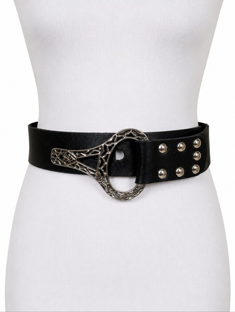 Chico's Genuine Leather Black Wide Belt Silver Filigree Statement Buckle Size S
